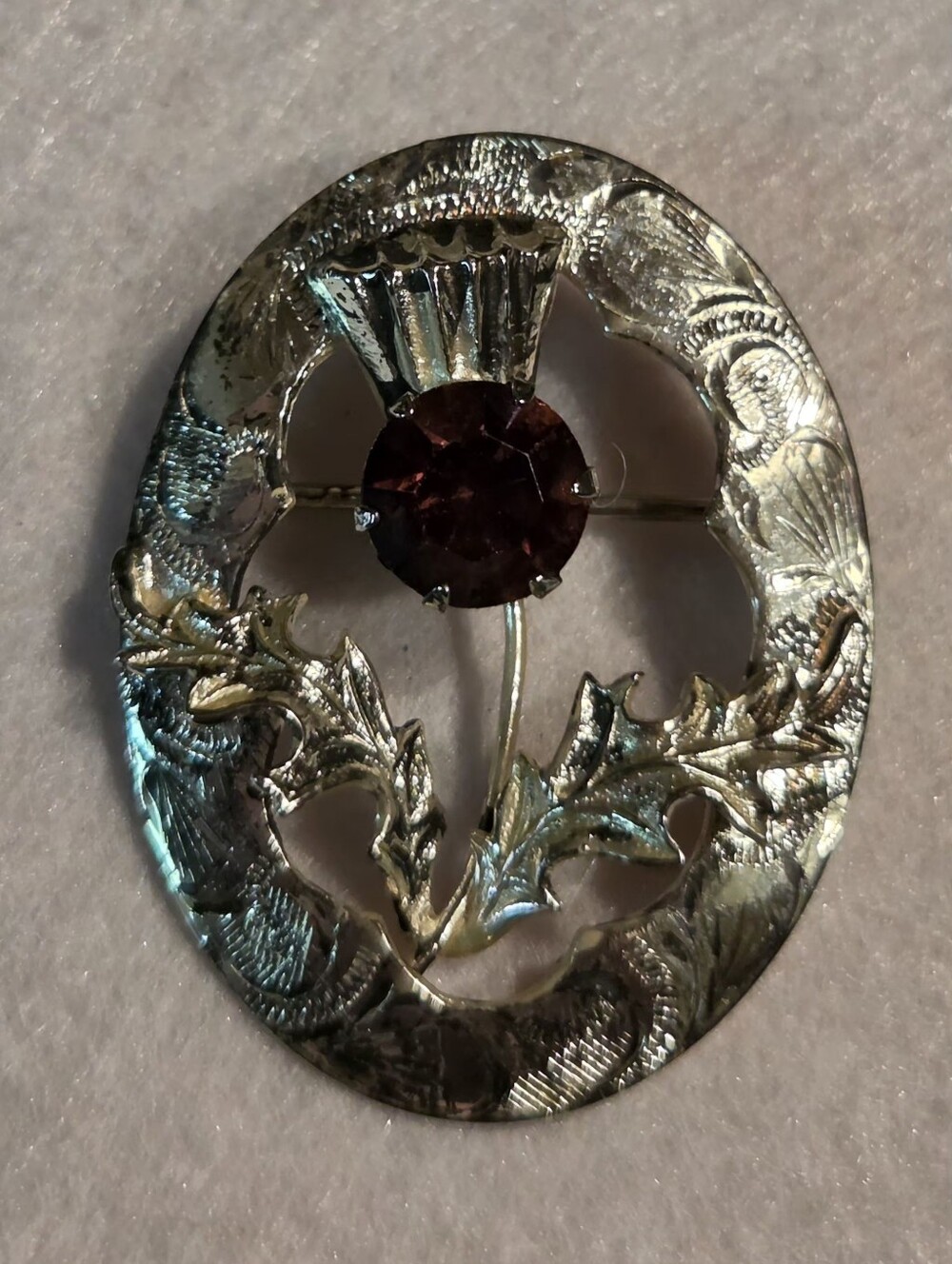 Vintage OW SILPLTD Silver Plated Thistle Brooch with Amethyst Glass Center Stone